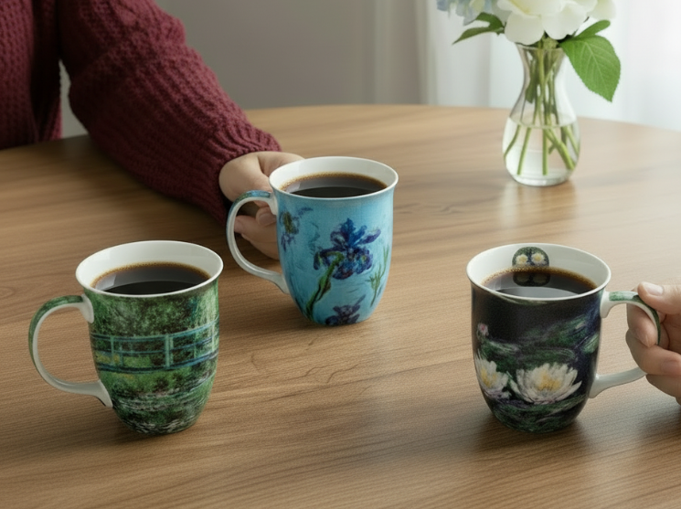 Three java mugs are on the table with people drinking coffee