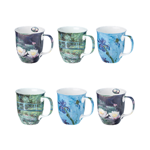 An exquisite set of six Java mugs, each one showcasing a different masterpiece from the legendary Old Master Claude Monet. Featuring Water Lilies, The Japanese Bridge, and Lilac Irises on a white background.  375 ml capacity. 