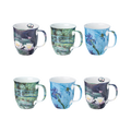 An exquisite set of six Java mugs, each one showcasing a different masterpiece from the legendary Old Master Claude Monet. Featuring Water Lilies, The Japanese Bridge, and Lilac Irises on a white background.  375 ml capacity. 