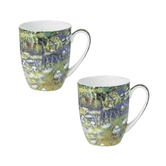 Claude Monet Water Lilies Latte mug set of 2, 12.5 oz (375 ml) fine bone china, white background.
