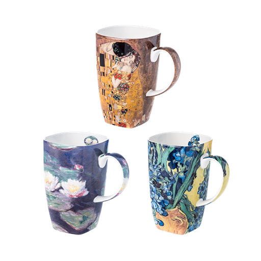 Three Grande mugs with artistic designs on a white background featuring prints of Water Lilies, The Kiss and Irises by iconic artists Claude Monet, Gustov Klimt, and Vincent van Gogh. 19.6 oz capacity. 