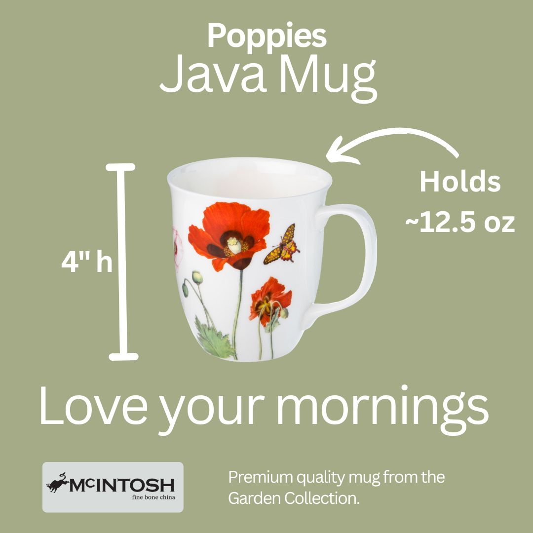 Garden Collection Poppies Java mug size guide showing 12.5 oz (375 ml), 4 in high