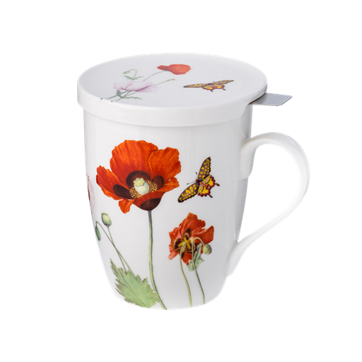 Poppies tea mug with infuser and lid, 15.2 oz (450 ml) fine bone china, front view, handle right.
