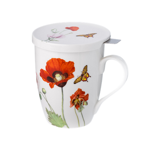 Poppies tea mug with infuser and lid, 15.2 oz (450 ml) fine bone china, front view, handle right.