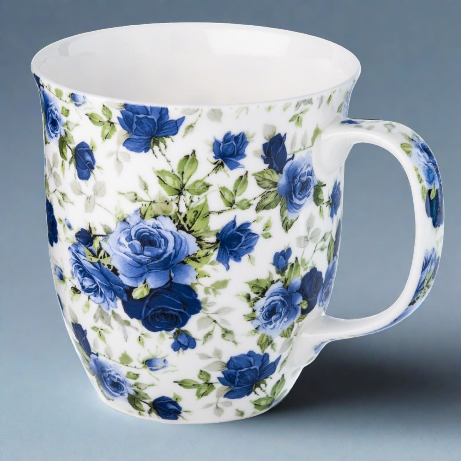 Pretty Chintzy Collection Dark Blue Roses Java mug with matching gift box, steel blue background