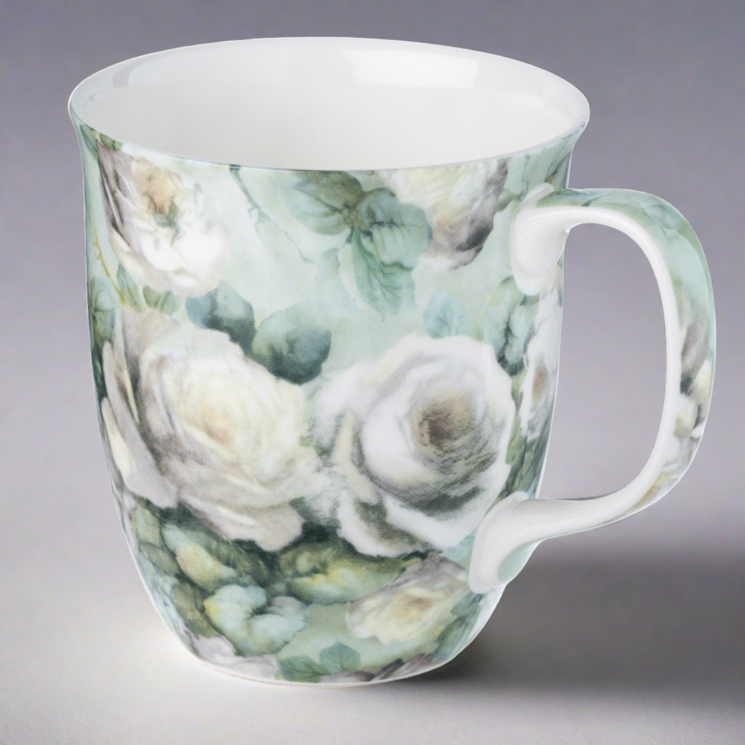Chintz White Roses Java mug with matching gift box, grey background