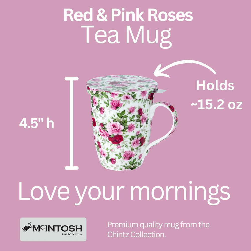 Chintz Red & Pink Roses Tea Mug w/ Infuser and Lid