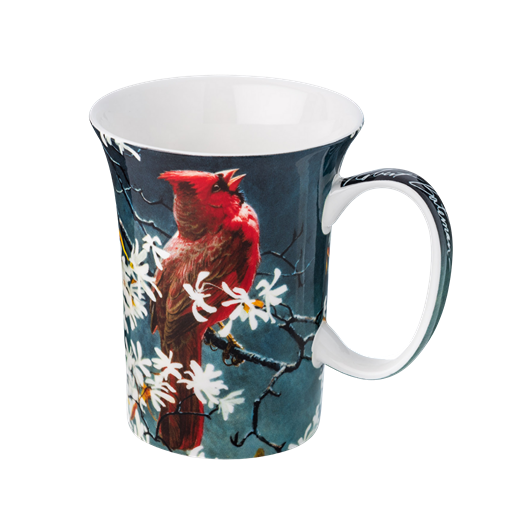 Robert Bateman Spring Cardinal mug, 11 oz (325 ml) fine bone china, front view, handle right.