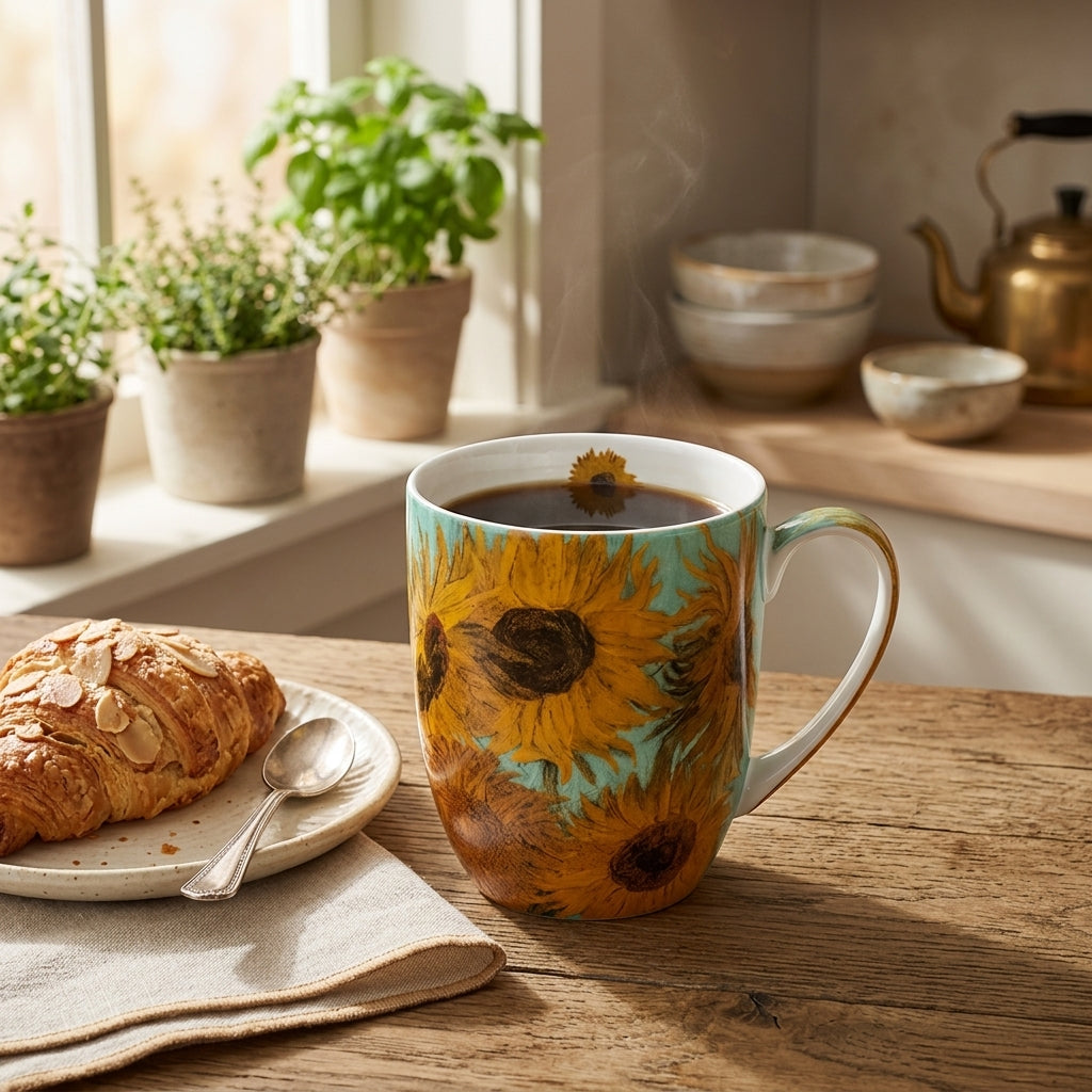 Sunflowers by Vincent Van Gogh Latte mug with coffee in a kitchen setting