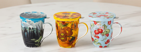 Bundle 3 Tea Mugs in fine bone china, front view, handle right. Featuring designs by Harris, Van Gogh and McIntosh Strawberries Forever