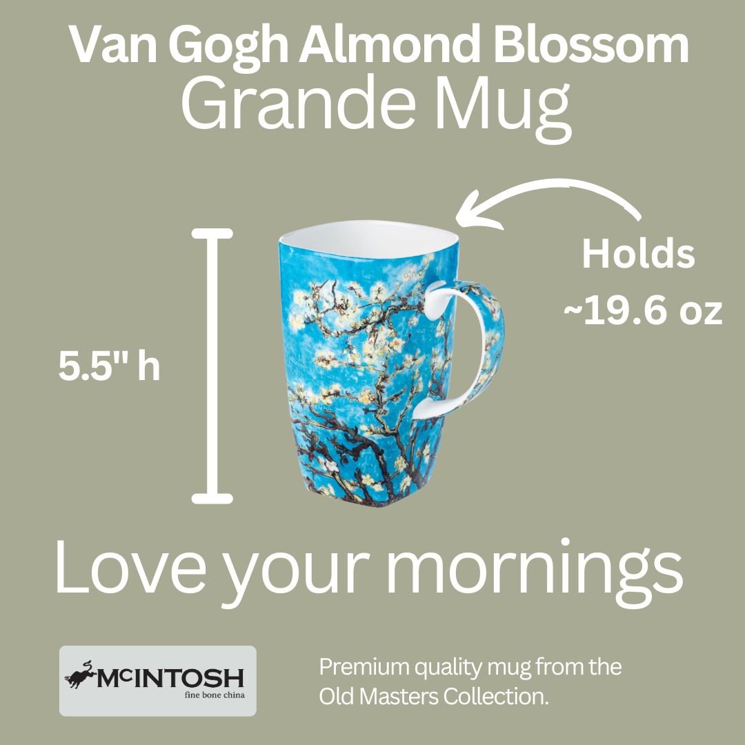 Van Gogh Almond Blossom Grande Mug size guide, fine bone china, capacity: 580 ml / 19.6 oz, height: 5.5 in, 3.5 in wide, microwave & dishwasher safe, tan background