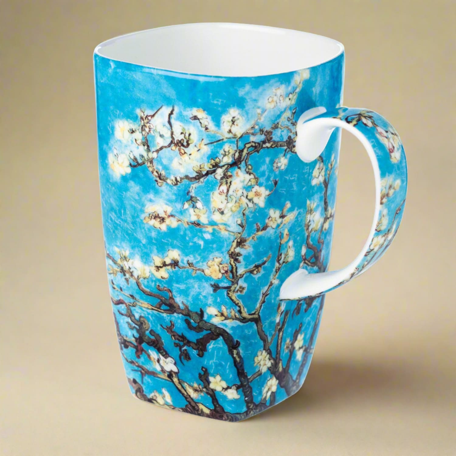 Van Gogh Almond Blossom Grande Mug in fine bone china, 580 ml / 19.6 oz, front view, handle right, tan background