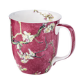 Fine bone china Java mug with a 12.5 oz capacity with a reproduction on red of Van Goghs Almond Blossom painting on a white background. 