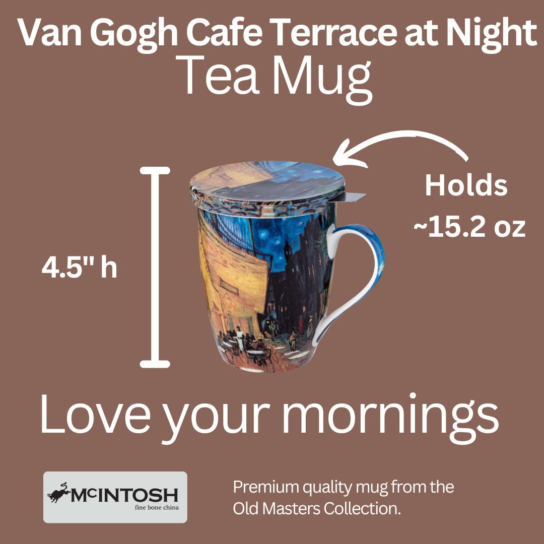 Van Gogh Café Terrace at Night Tea Mug size guide in fine bone china, 450 ml (15.2 oz) capacity, 4.5 in height