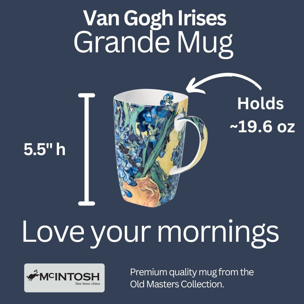 Information card: Grande mugs are 5.5" high, 3.5" wide and holds 19.6 oz of liquid.