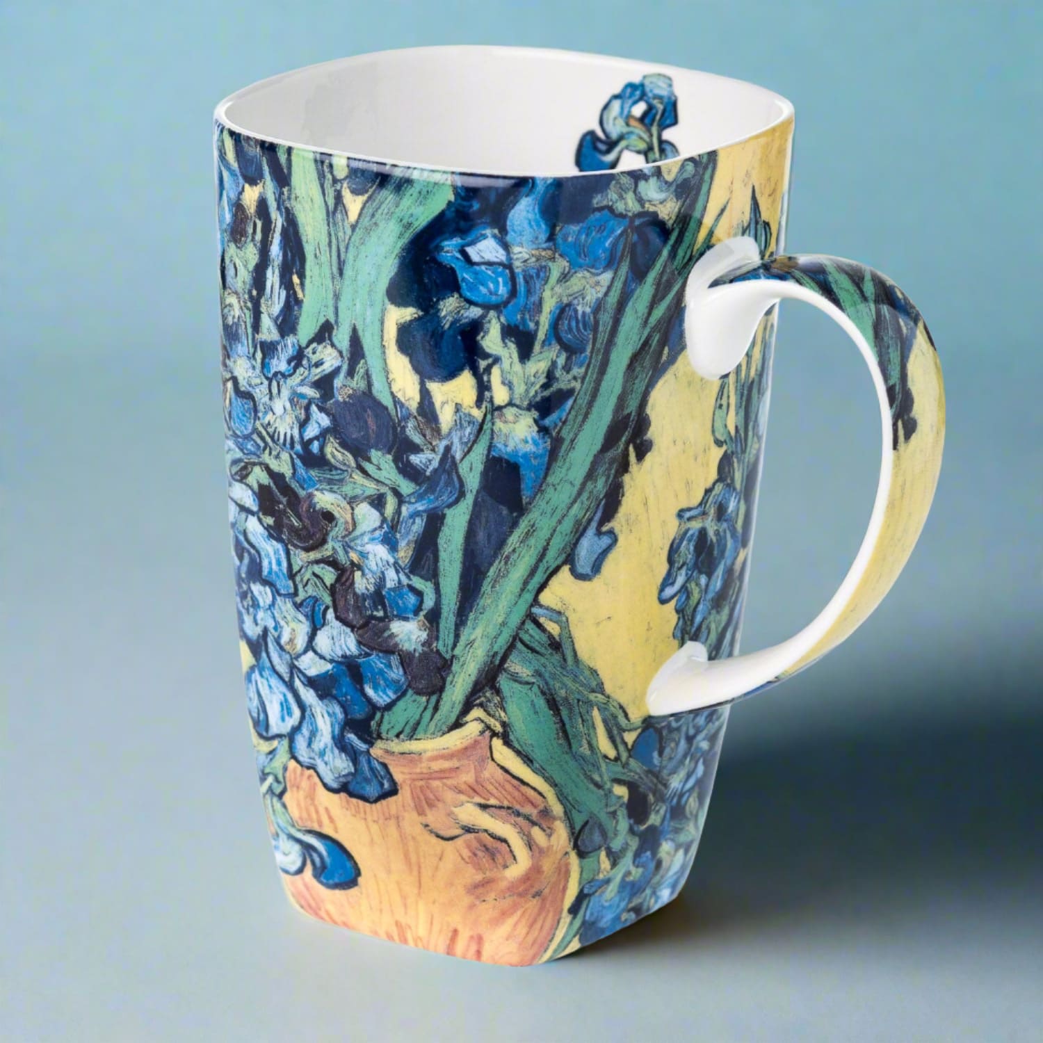 Van Gogh Irises Grande Mug in fine bone china, 580 ml / 19.6 oz, front view, handle right, blue background