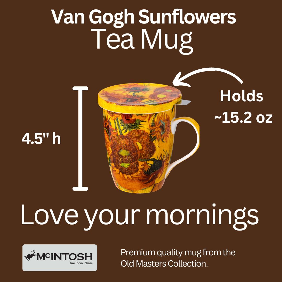 Van Gogh Sunflowers Tea Mug size guide in fine bone china, 450 ml (15.2 oz) capacity, 4.5 in height