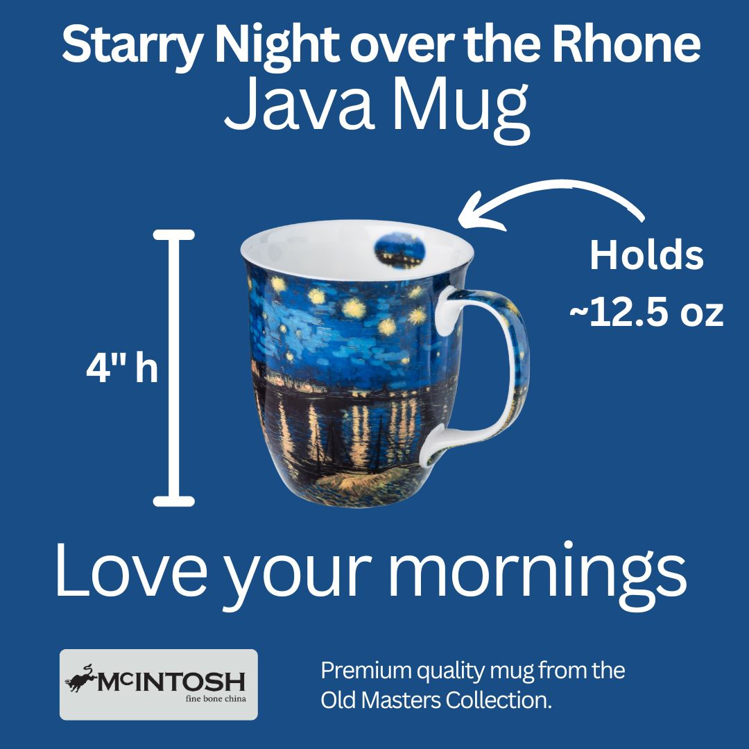 Starry Night over the Rhone Java mug size guide showing 12.5 oz (375 ml), 4 in high