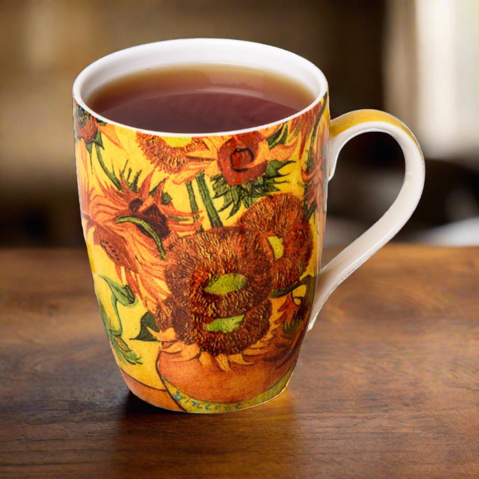 Van Gogh Sunflowers Tea Mug in fine bone china, lifestyle image styled on a dining table with tea