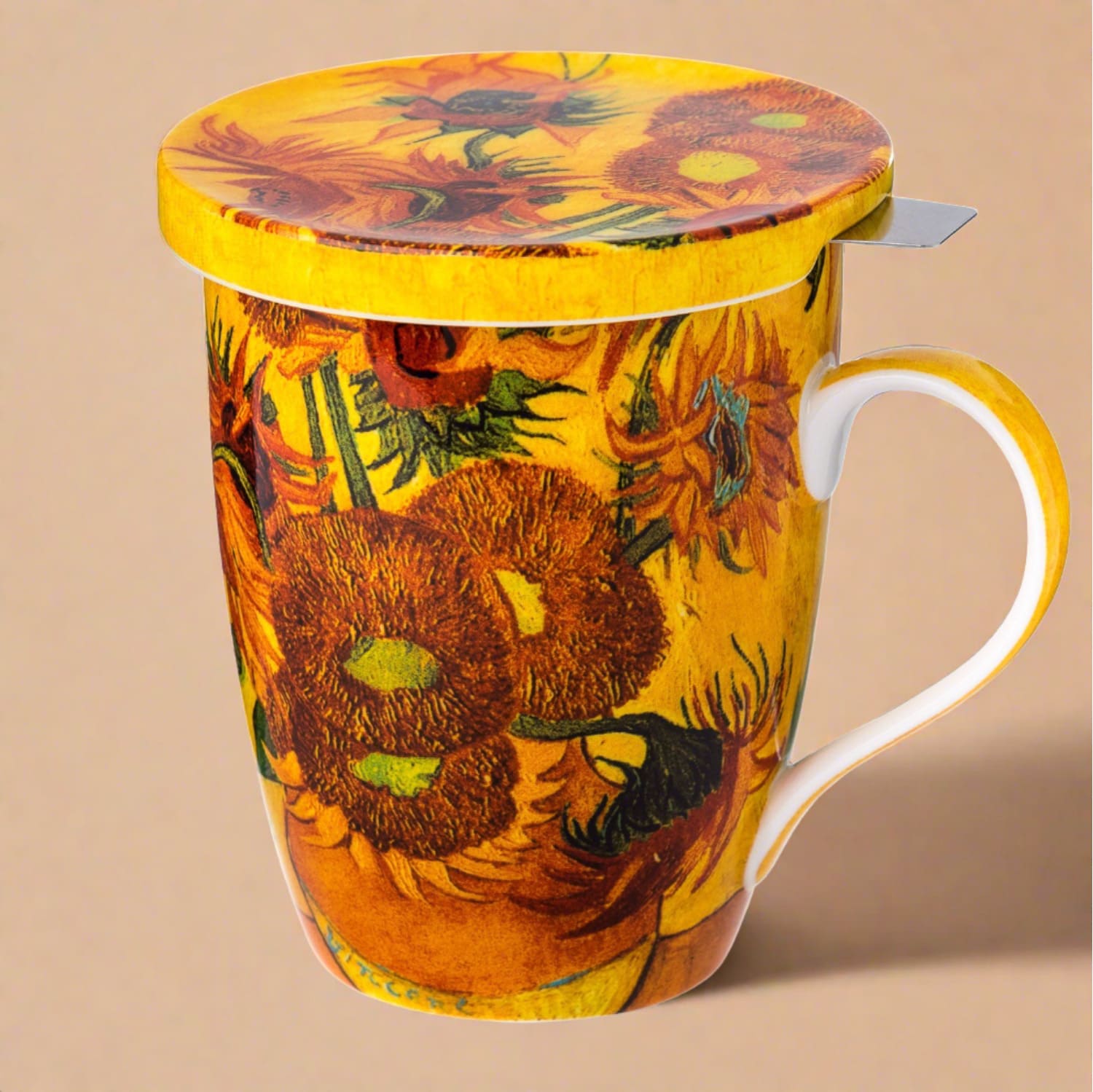 Van Gogh Sunflowers Tea Mug in fine bone china, front view, handle right