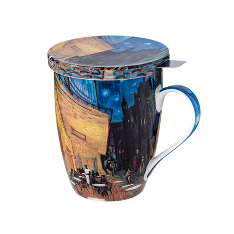 Van Gogh's Cafe Terrace Tea mug with infuser made of fine bone china with an 15.2 oz capacity. 