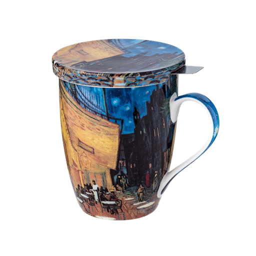 Van Gogh's Cafe Terrace Tea mug with infuser made of fine bone china with an 15.2 oz capacity. 