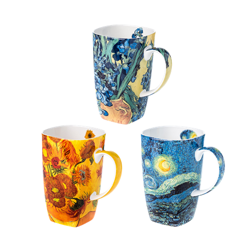 Three 19.6 Grande mugs with artistic designs of Vincent van Gogh's Irises, Sunflowers, and Starry Night. Set against a white background.