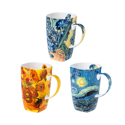 Three 19.6 Grande mugs with artistic designs of Vincent van Gogh's Irises, Sunflowers, and Starry Night. Set against a white background.