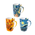 Three 19.6 Grande mugs with artistic designs of Vincent van Gogh's Irises, Sunflowers, and Starry Night. Set against a white background.
