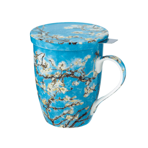 Van Gogh Almond Blossom tea mug with infuser, 15.2 oz (450 ml) fine bone china, front view, handle right.