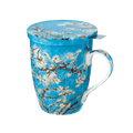 Van Gogh Almond Blossom tea mug with infuser, 15.2 oz (450 ml) fine bone china, front view, handle right.
