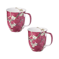 Two Java mugs set on a white background. Both mugs feature a reproduction print of Van Gogh's Almond Blossoms Painting on red. 375ml capacity. 