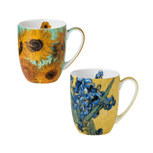 Van Gogh Flowers Latte mug set of 2, 12.5 oz fine bone china, Sunflowers Green and Irises Green, white background.