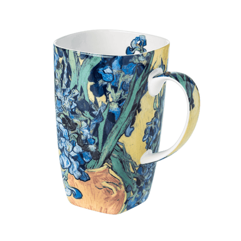 A Grande 19.6 oz mug of fine bone china featuring the Vincent van Gogh print Irises.