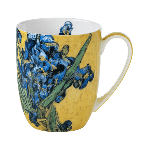 Vincent Van Gogh's print Irises on a yellow base. This is a fine bone china late mug with a 12.5 oz capacity. 
