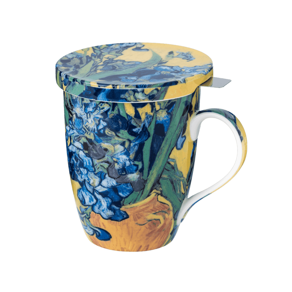 Van Gogh Irises tea mug with infuser, 15.2 oz (450 ml) fine bone china, front view, handle right.
