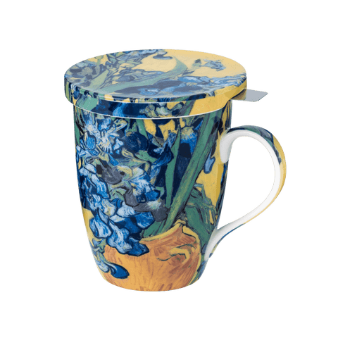 Van Gogh Irises tea mug with infuser, 15.2 oz (450 ml) fine bone china, front view, handle right.