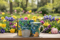 McIntosh mug and box set with a floral design on a wooden table in a garden setting.