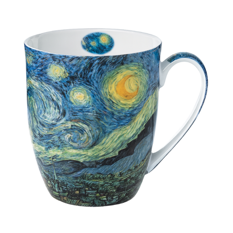 Vincent Van Gogh's Starry Night on a fine bone china Latte mug with a 12.5 oz capacity. White background. 