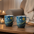 Set of 2 Starry Night fine art Latte mugs displayed in a cozy home setting
