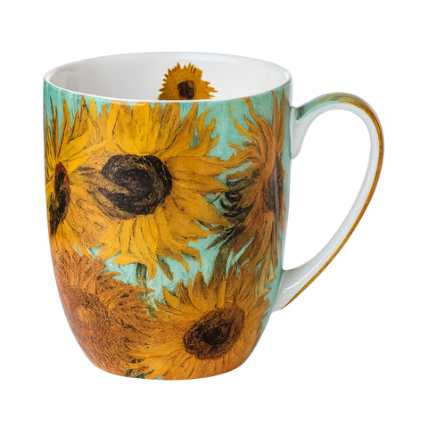 A single fine bone china mug featuring a print from Van Gogh's Sunflowers series on a green background. 12.5 oz capacity. 