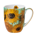 A single fine bone china mug featuring a print from Van Gogh's Sunflowers series on a green background. 12.5 oz capacity. 