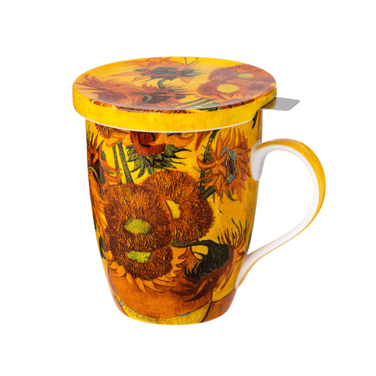 Van Gogh Sunflowers tea mug with infuser, 15.2 oz (450 ml) fine bone china, front view, handle right.