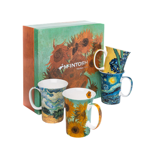 Four fine bone china mugs, each featuring a painting by artist Vincent van Gogh displayed alongside an ornate gift box with a print from the Sunflowers collection. 