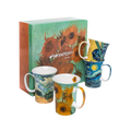 Four fine bone china mugs, each featuring a painting by artist Vincent van Gogh displayed alongside an ornate gift box with a print from the Sunflowers collection. 