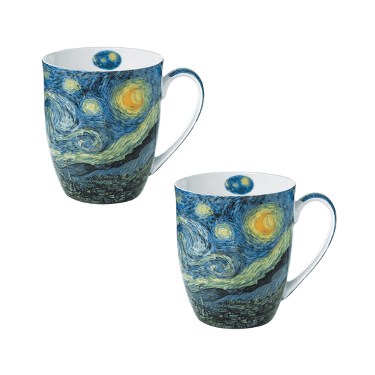Two Fine bone china latte mugs featuring the print Starry Night from Artist Vincent Van Gogh. These mugs have a 12.5 oz capacity. 