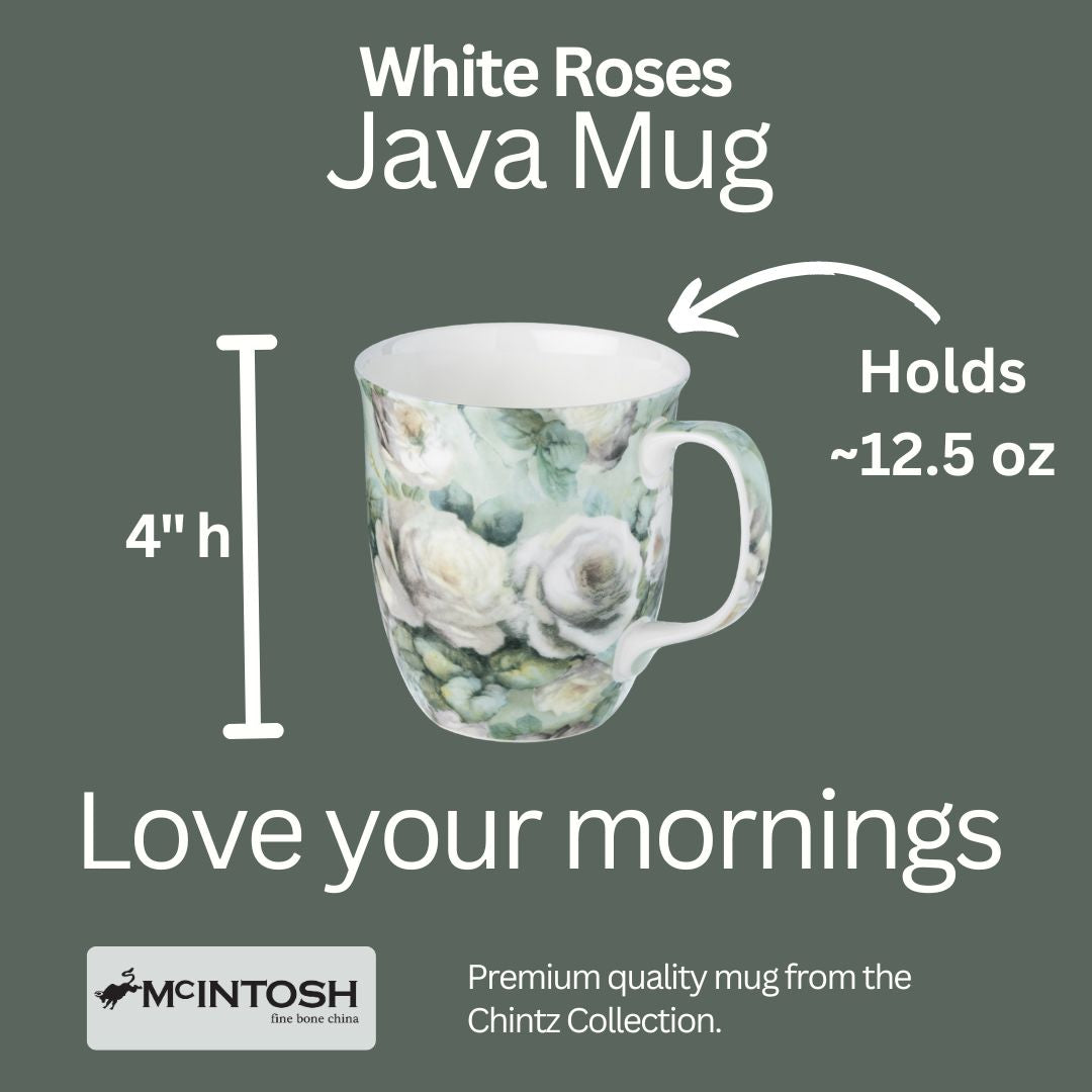 Chintz White Roses Java mug size guide showing 12.5 oz (375 ml), 4 in high