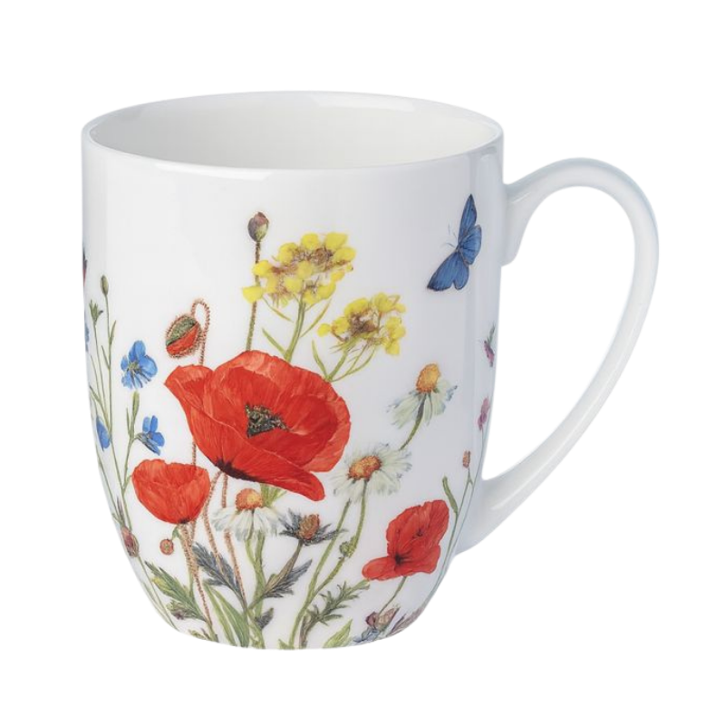 White mug with floral design featuring red poppies, yellow flowers, and blue butterflies on fine bone china.