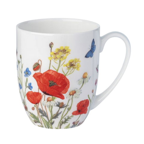 White mug with floral design featuring red poppies, yellow flowers, and blue butterflies on fine bone china.