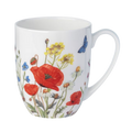 White mug with floral design featuring red poppies, yellow flowers, and blue butterflies on fine bone china.